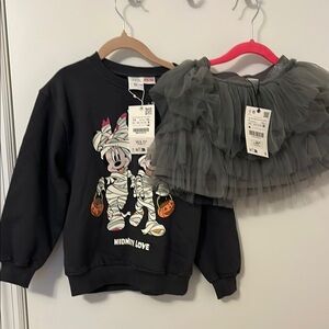 Zara Bundle Black Minnie Mouse Sweatshirt and Gray Tulle Skirt Set